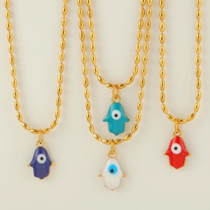 Stainless Steel Gold Plated Enamel Evil Eye Hamsa Hand Chili Pepper Fish Pendant Necklace For Women Fashion Daily Jewelry