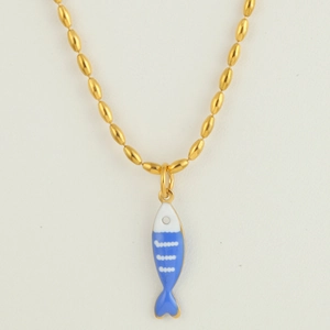 Macro shot of gold beaded chain with a blue and white enamel fish pendant detail
