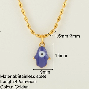Golden stainless steel Hamsa necklace with blue evil eye pendant on beaded chain