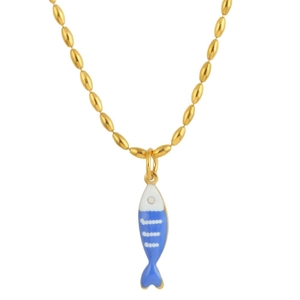 Golden bead chain necklace featuring a blue and white enamel evil eye fish pendant