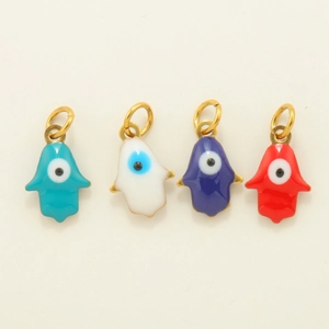 Bunte Hamsa-Hand-Anhänger mit Evil Eye in Hellblau, Weiß, Dunkelblau und leuchtendem Rot