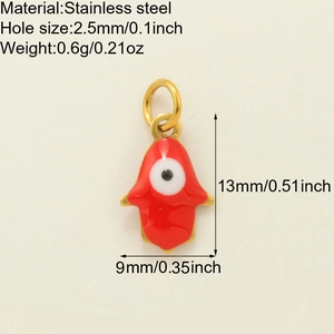 Rote Hamsa-Hand Anhänger aus Edelstahl mit blauem Auge-Motiv und Größenangaben