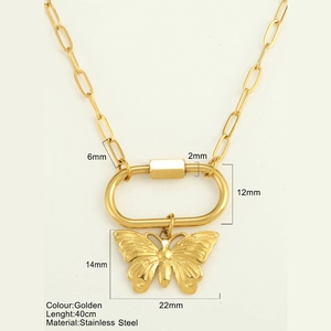 Golden stainless steel butterfly pendant necklace with 40cm chain and size measurements