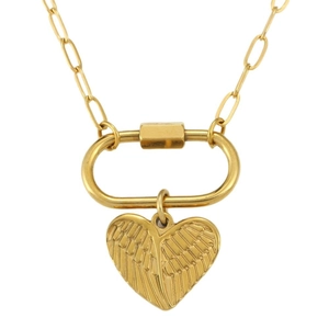 Collana a graffetta in acciaio inossidabile placcato oro 18K con ciondolo cuore alato