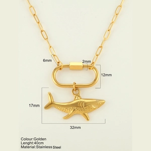 Goldene Haifisch-Anhänger-Halskette aus Edelstahl mit Büroklammerkette und Verschluss