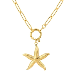Gouden paperclip ketting met getextureerde zeester hanger en ronde veerring sluiting