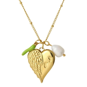Goldene Herzanhänger Kette mit Babyfußabdrücken, Engelsflügel, grünem Chili und Perle