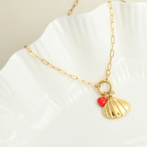 Bohemian gold stainless steel chain necklace with scallop shell and red heart pendants