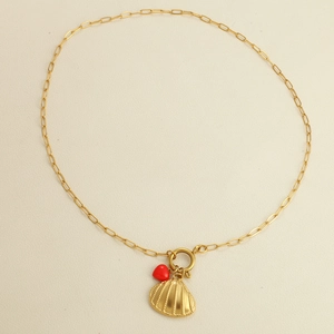 Golden link chain necklace with red heart and seashell pendant for women's beach jewelry