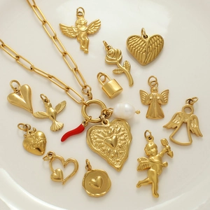 Collana con Pendente in Acciaio Inossidabile Vintage per Donna Ciondoli Cuore Angelo Rosa Peperoncino con Perla d'Acqua Dolce