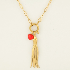 Detail of gold octopus and red heart pendant necklace with large spring clasp