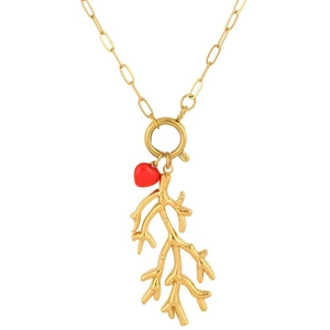 Gold stainless steel coral branch and red enamel heart pendant on link chain necklace