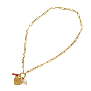 Collana a graffetta in oro 18K con ciondolo a cuore, perla barocca e corno rosso