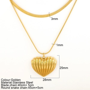 Double-layered gold stainless steel necklace with flat snake chain and heart pendant