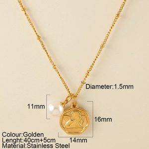 Collier en acier inoxydable doré avec perle et pendentif médaille ange embossée