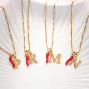 18k gold plated stainless steel box chain necklace with red chili and initial pendant