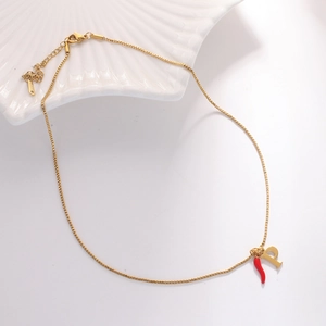 18k gold plated stainless steel necklace with red chili pendant and letter P charm