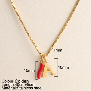 18k gold stainless steel necklace with red chili pepper and letter A pendant