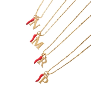 18k gold plated stainless steel necklace with red chili pendant and initial charms