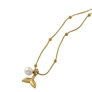 Minimalist gold stainless steel necklace with white pearl and whale tail ocean pendant