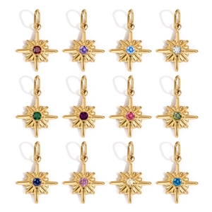 Set di 12 ciondoli a stella in acciaio inossidabile dorato con zirconi colorati centrali