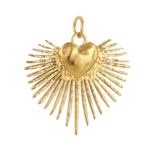 Detailed view of a gold-plated stainless steel vintage heart pendant with sunburst texture