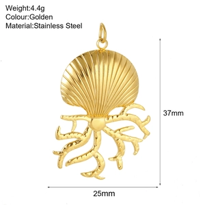 Golden stainless steel sea shell and coral pendant with dimensions and weight info