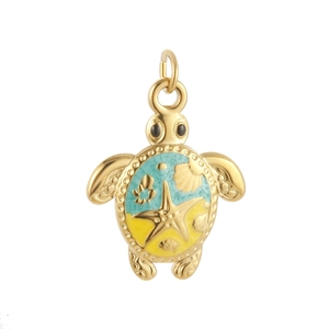 Gold-plated sea turtle pendant with turquoise enamel and seashell star pattern