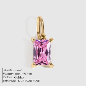 Pendentif en acier inoxydable doré avec un zircon rose de 4x6mm pierre de naissance octobre