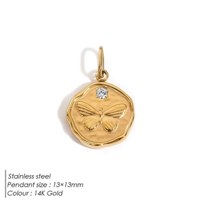 Colgante mariposa de acero chapado en oro 14K con piedra circón, tamaño 13x13mm