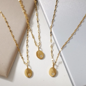 14K gold-plated stainless steel oval alphabet necklaces with star engraving and small diamond