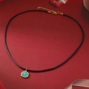 Retro round cross pendant necklace with blue enamel on black rope cord for women