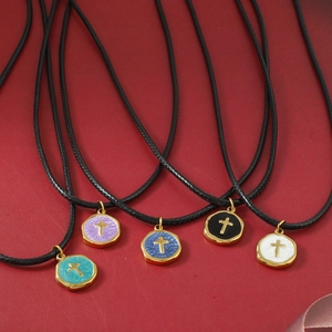 Stainless Steel Round Cross Pendant Necklace For Women Retro Enamel Religious Jewelry With Adjustable Black Cord Chain