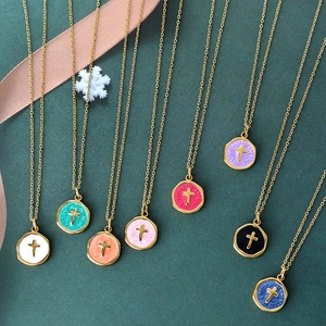 14K gold plated stainless steel necklaces with colorful enamel cross pendants for gifts