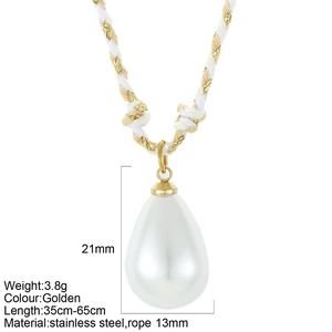 Minimalist stainless steel teardrop pearl pendant necklace with adjustable woven rope chain