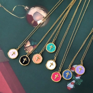 Colorful cross enamel pendants on 14K gold plated stainless steel necklace collection