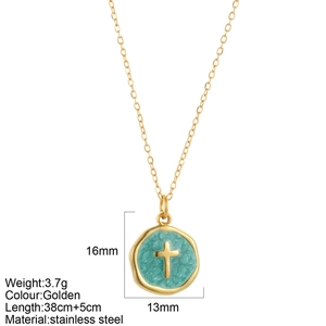 Minimalist 14K gold plated stainless steel necklace with green enamel cross pendant