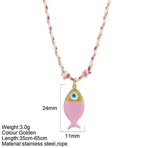 Collar bohemio cordón tejido a mano con colgante de pez en acero y ojo de la suerte