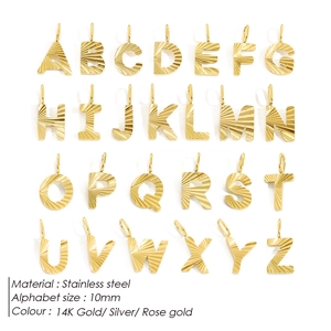 26 colgantes de letras en acero inoxidable oro 14K, plata y rosa con textura de rayos de sol