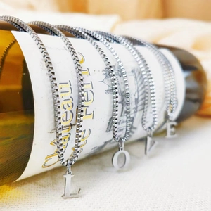 Silver stainless steel box chain necklaces with LOVE letter pendants on wine bottle