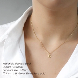 Macro view of 14K gold stainless steel Virgo zodiac pendant on a fine necklace chain
