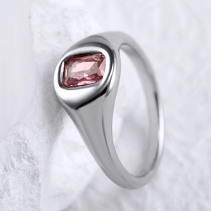 Minimalist wide band silver steel ring featuring a rectangle pink gemstone inlay