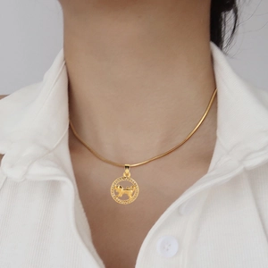 Zodiac Sign Necklace For Women Gold Plated Stainless Steel Snake Chain Round Pendant With Copper Zirconia Inlaid Jewelry Gift