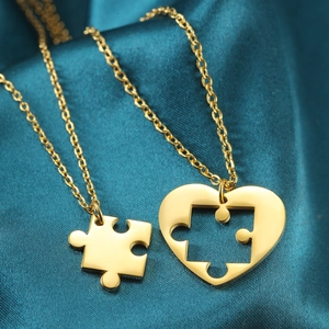 Stainless Steel Puzzle Heart Pendant Necklace Set for Couples Gold Silver Plated Fashion Jewelry Gift for Valentine's Day