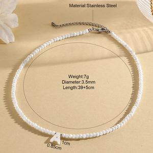 Minimalist white beaded necklace with stainless steel letter A pendant and 39+5cm chain