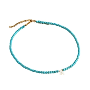 Natural turquoise beaded necklace with gold lobster clasp and white shell letter A pendant