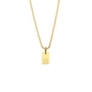 Minimalist gold box chain necklace with a rectangular letter H pendant for women