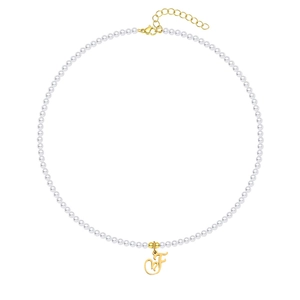 Collana con ciondolo lettera F placcata oro 18K e perle bianche rotonde da 4mm