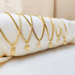 Gold stainless steel box chain necklace with engraved alphabet initial pendant