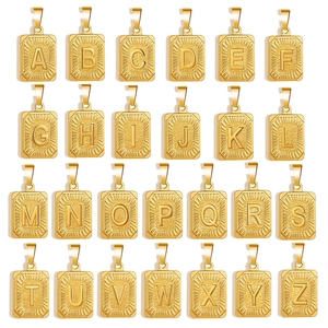 Pendentif Lettre Initiale Alphabet Carré En Acier Inoxydable Pour Femmes Or Argent Texture Rayon De Soleil Bijoux DIY